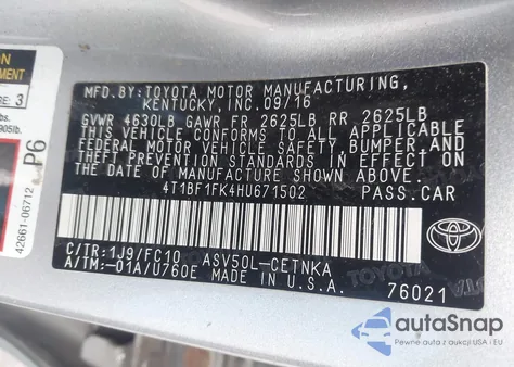 2017 Toyota Camry Le/Se/Xle/Xse z USA, uszkodzony, nr VIN 4T1BF1FK4HU671502